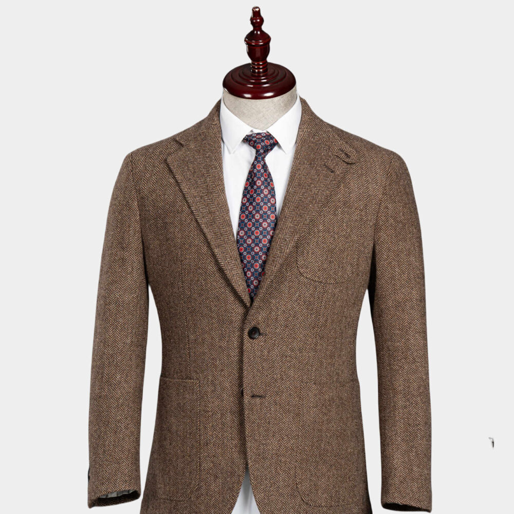Brown Herringbone Shooting Jacket: Half-Canvas & Horn Buttons for a Vintage English Look