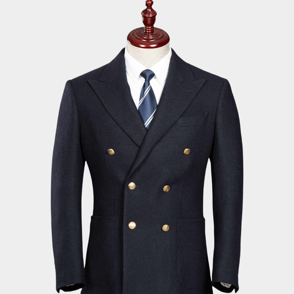 100% Wool Double-Breasted Navy Blazer: Expertly Crafted with Natural Shoulder & Half-Canvas Construction