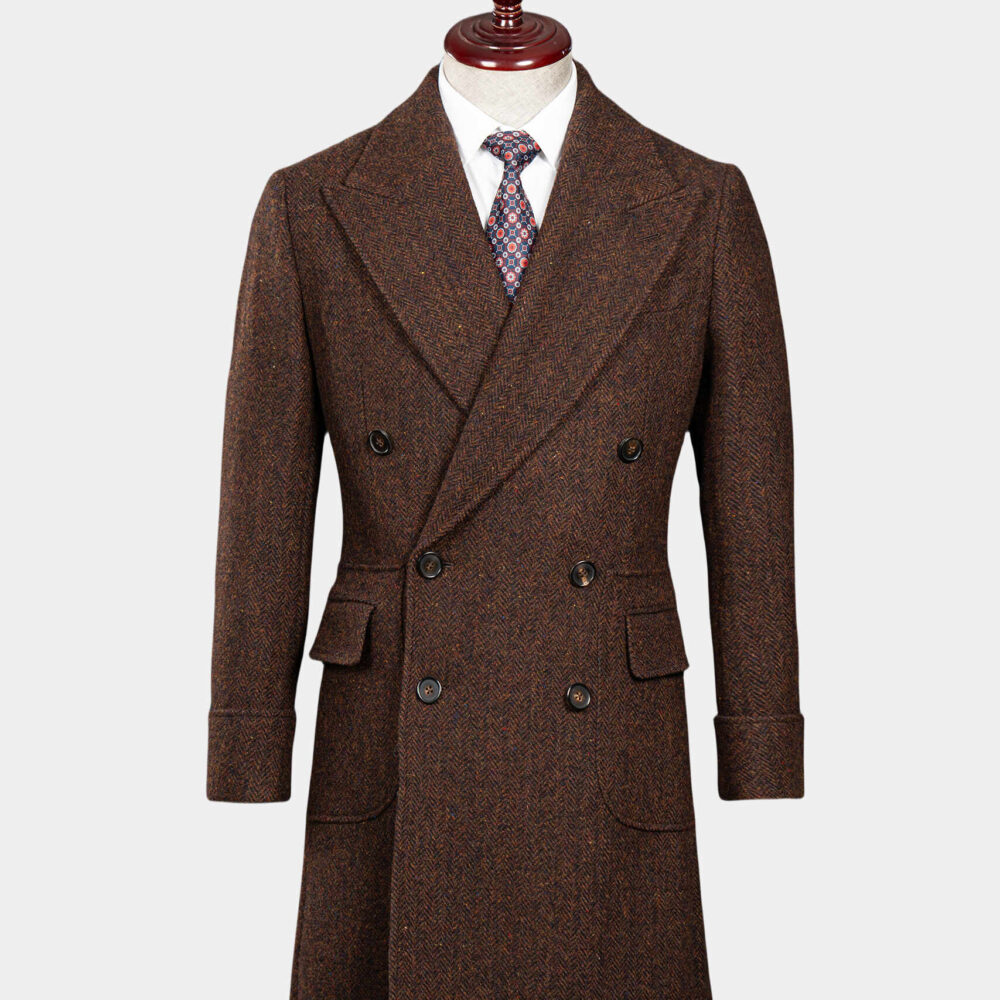 Brown Peak Lapel Polo Coat Italian Craftsmanship & Heavyweight 580g Wool