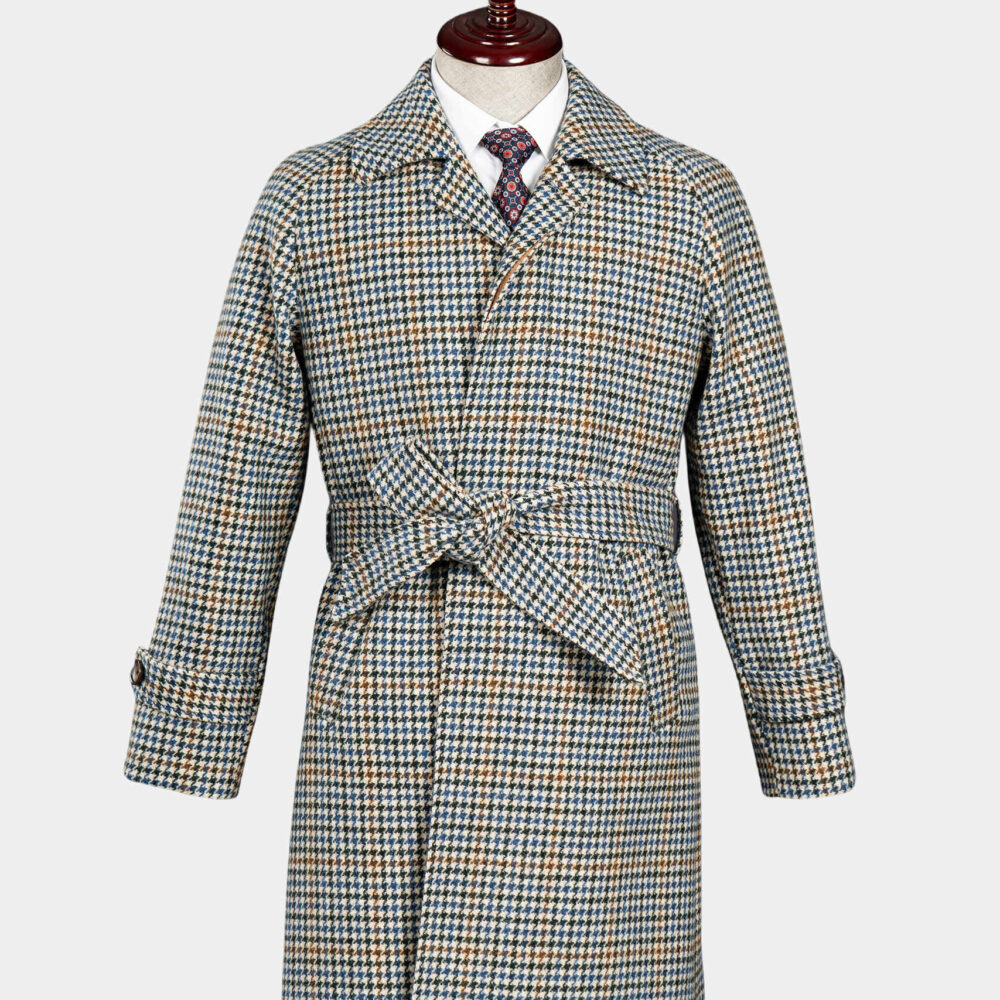 LLZ Plaid Balmacaan Coat Italian 100% Wool with Classic Raglan Sleeve Design