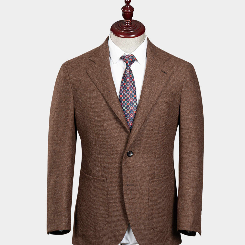 Premium Moon Wool Jacket Elegant Brown Plaid Pattern with Half-Canvas Craftsmanship